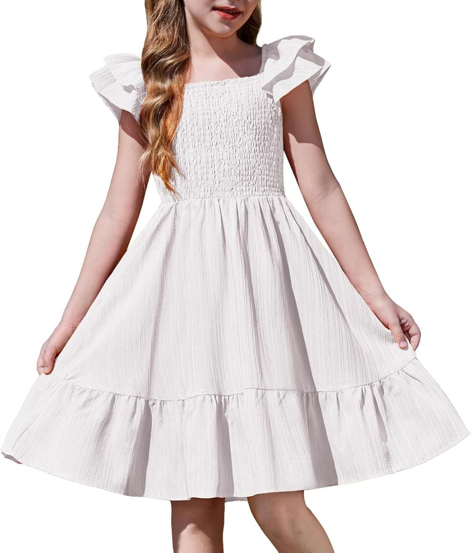 Arshiner Girls Dresses Double Pleated Sleeve Square Neck Off Shoulder with Pockets Tween Sundress Size 7-8