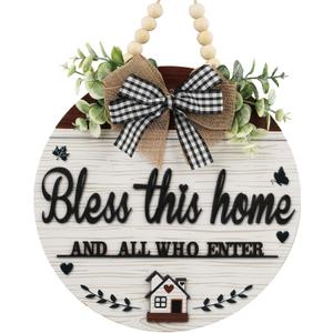 3D Bless This Home And All Who Enter Wooden front Door SignsDoor Decorations Hanging,Christian Jesus Home Porch Wall DecorSpring WreathsDoor Wreaths for Front Door Outside All Season (White)