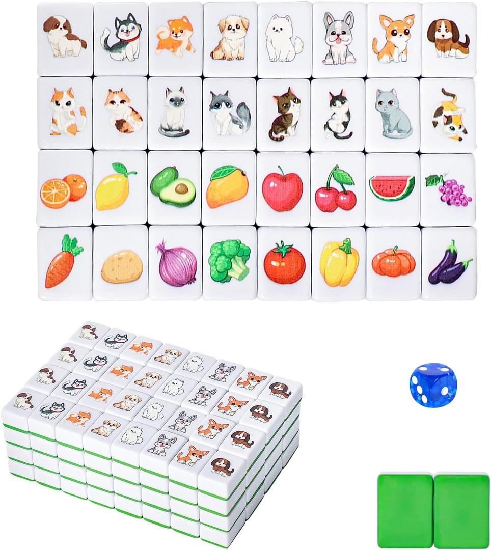 GRACIAS 4 Players Mahjong Block Set, 128 Green Tiles(1.18) with Animal and Food Pattern, Portable Mahjong Set with A Carry Bag, Mahjong Tile Game, 5 inches x 2.5 inches x 0.2 inches