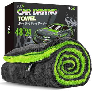KKV Full-Sized SUV Drying Towel, 48x24 Dual Sided Microfiber Car Cleaning Towel with Twisting Yarn Technique, 1400GSM Super Absorbent, Scratch-Free, Machine Washable (Darkgray- Green Yellow)