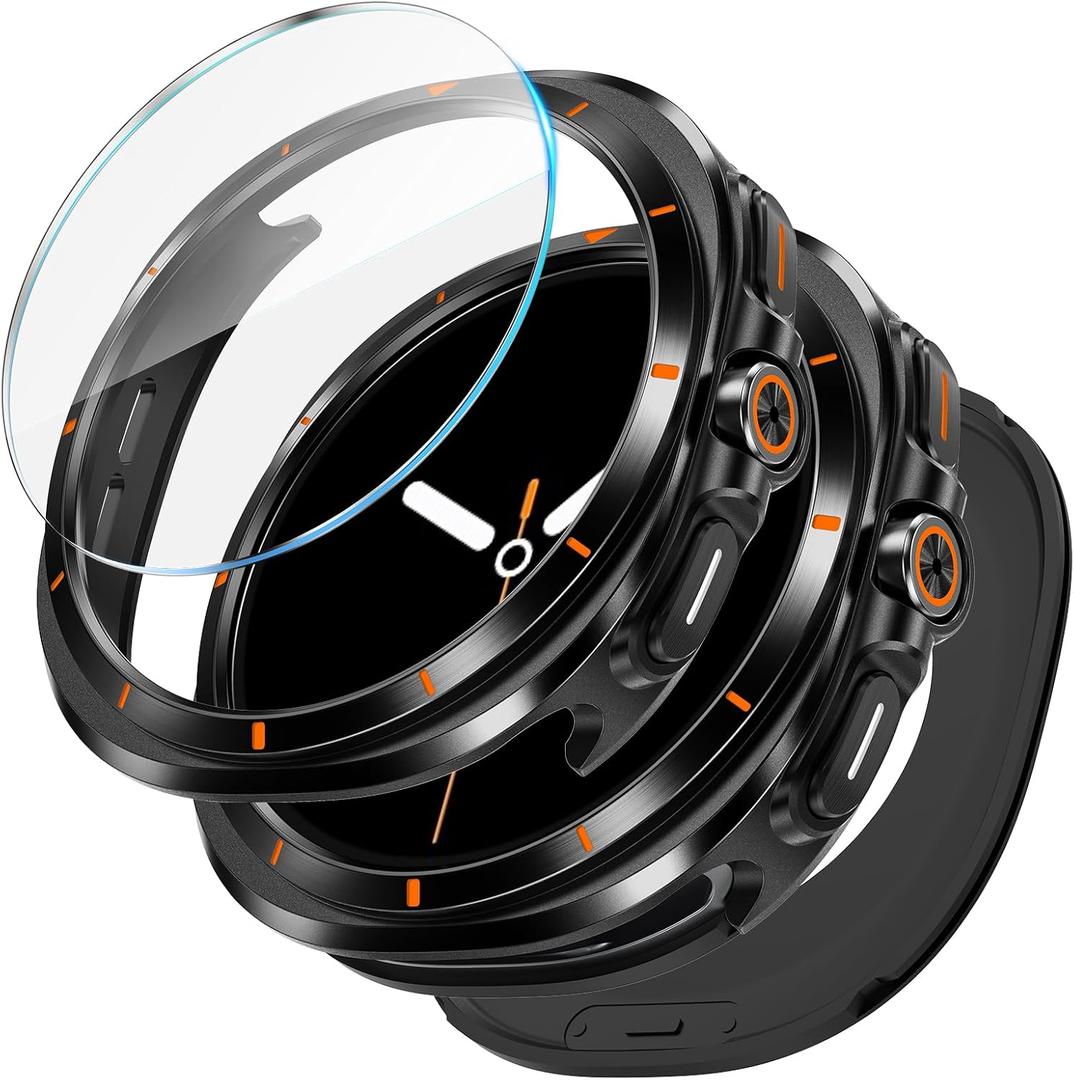 LETOID 3 in 1 Metal Case for Samsung Galaxy Watch 8 Screen Protector 44mm, Stainless Steel Protective Bumper Face, Hard PC Back Cover and 9H Tempered Glass Film for Galaxy Watch8 (Black/Orange)