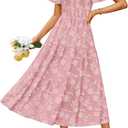 ZESICA Womens Summer Boho Floral Midi Dress 2025 Casual Short Sleeve Square Neck Flowy Beach Vacation Long Dress (Small, Pink)