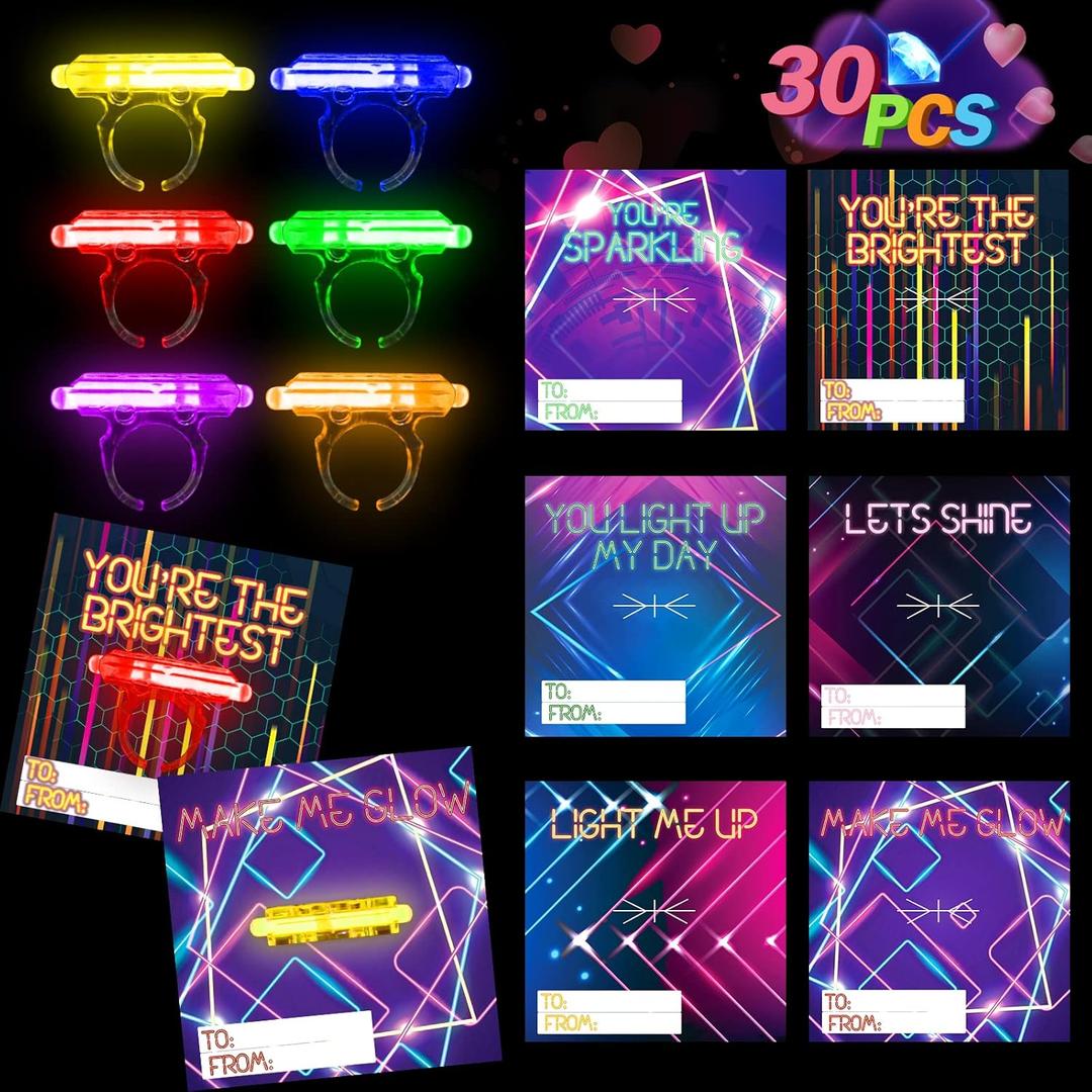 30 Pack Valentine's Day Cards for Kids, 36 Glow Sticks Cards Bulk for School Classroom Gift Exchange, Valentine's Day Gifts for Boys and Girls, Valentine's Party Favor Supplies for Kids