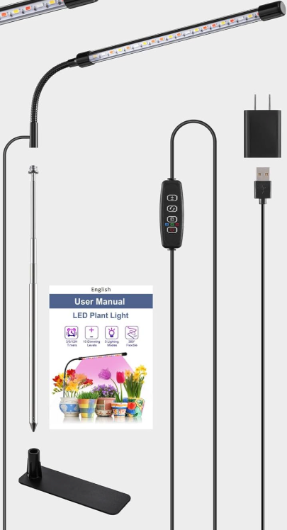 Grow Lights for Indoor Plants, Full Spectrum LED Plant Lights with Base, Adjustable Height 6.5"-26", 10 Dimmable Levels, Auto Timer 3/9/12H, Desk Grow Lamps for Indoor Growing 