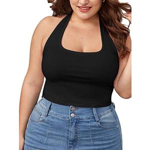 WDIRARA Women's Plus Size Sleeveless Backless Rib Knit Crop Halter Top 3XL