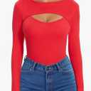 Sexy Cut Out Long Sleeve Tops for Women, Round Neck Ribbed Knit Fitted Tee T-Shirt,Open Chest Design for Going Out Tee, Size L