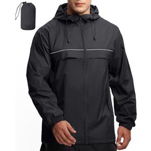 GEEK LIGHTING Rain Jacket Men Lightweight Waterproof Jackets Packable Windbreaker Hooded Raincoat for Golf Cycling Outdoor (X-Large, Black With Bag)