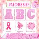 KINGSOW Self-Adhesive Letter Patches for Clothing: 64PCS Pink Buffalo Plaid Fabric Letters Stick on Patches - Ribbon Bows Embroidered Sew Applique for Breast Cancer Awareness Shirt Hat Backpack Socks