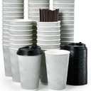 MUCHII 16 oz Disposable Coffee Cups, 80 Count Silver Grey Insulated Ripple To Go Cups With Lids and Straws for Tea, Hot Chocolate, and Drinks