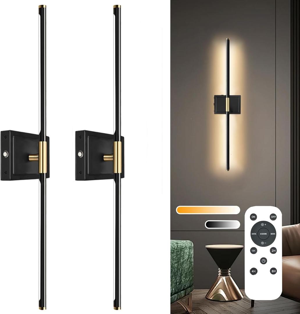 Wall Sconces Set of 2 Battery Operated, 8000mAh USB Rechargeable Wall Sconce with Remote Control, 360Rotate Dimmable 3000K-6000K LED Dimmable Picture Lamp for Living Room, Bedroom, Hallway (32inch) (Black Gold)