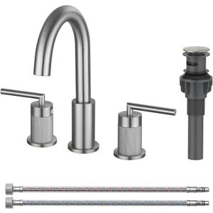 Mbillion Brushed Nickel Widespread Bathroom Faucet 2 Handle, Stainless Steel, 3 Hole Vanity Sink Faucet with Pop-Up Drain & CUPC Hose, 360 Swivel Gooseneck Spout, Water Saving Aerator,Fit 6-12" Sinks