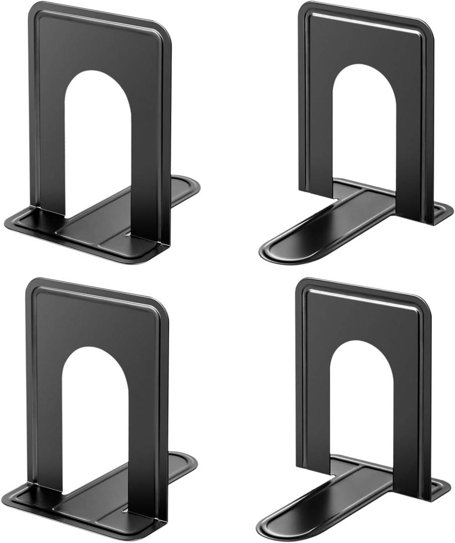 HappyHapi Book Ends, Metal Bookends for Shelves, Non-Skid Book End to Hold Books, Black Book Stopper/Holder for Office Home Kitchen, 5.7X 4.9 X 6.5 in, 2 Pair(4  Pcs, Large)