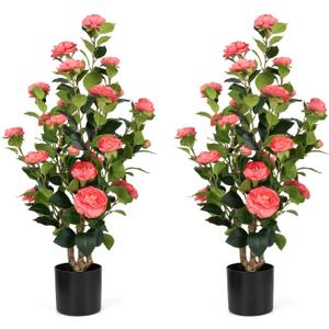 Romantic Season 2Pack Artificial Camellia Tree 3FT, Pink Faux Camellia Plant Fake Potted Camellia Flower Tree Plastic Camellia Tree for Modern Home Office Living Room Floor Dcor Indoor