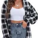 Women's Plaid Flannel Shirts Hoodie Long Sleeve Oversized Shirt Jacket Button Down Blouse Tops (Black, XXL)