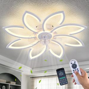 Modern Flower Ceiling Fan with Light and Remote, Low Profile Ceiling Fans with Lights, 36 Inch Black Flush Mount Ceiling Fan with 3 Light Color 6 Speeds, Fandelier Ceiling Fan for Living Room (White) (White+Reversible-Big)