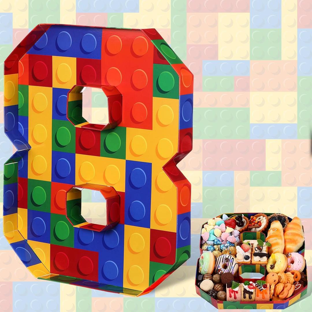 Mifoci 13.7" Building Block Party Cupcake Cardboard Number for Charcuterie Bricks Birthday Party Fillable Paper Mache Chocolate Candy Cake Decorative Gift Box(Number 8)
