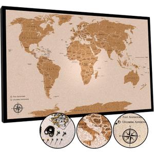 Push Pin World Travel Map, 30" x 20" Framed Cork Board Wall Art, Modern World Map with Pins for Tracking Adventures, A Premium Gift for Travelers, Couples and Families