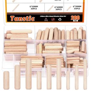 Tanstic 200Pcs 9 Sizes Wooden Dowel Pins, 6mm 8mm 10mm Wood Beveled Ends Tapered Pins, Straight Groove Wooden Dowel Pins for Furniture Door Art Crafts Projects