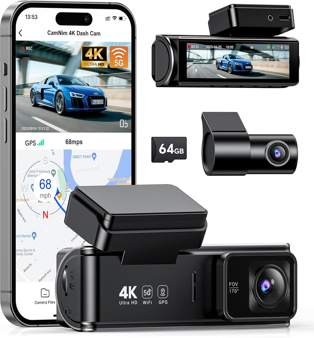 4K Dash Cam Front Rear:Dual Dash Camera for Car, 5GHz/2.4GHz Wi-Fi GPS Dashcam with Loop Recording 24H Parking Monitor Night Vision G-Sensor 170° View Angle APP Control and 64GB Card Gift