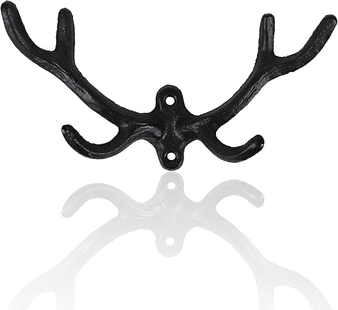 30GO Vintage Cast Iron Deer Antlers Wall Hooks Antler Decorative Hanger | Includes Screws and Anchors (Black)