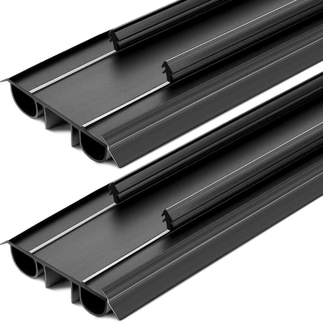 Pushglossy 2 Pcs 36" Double Bubble and Fins Door Sweep 1-3/4" Wide Vinyl Weatherstrip Seal for Exterior Doors Energy Efficient Draft Stopper Easy Slide in Installation Blocks Dust/insects/noise(Black)