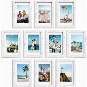 DecorUhome 4x6 Picture Frame Set of 10, Display Photos 3.5x5 with Mat or 4x6 Unmatted for Picture Frames Collage Wall Decor, Distressed White