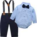 Baby Toddler Boy Formal Gentleman Suits, Dress Long Sleeve Blue Shirt with Bowtie+Suspender Pants Dressy Outfit (3136Light Blue, 3-6 Months)