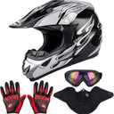 Adult Motocross Dirt Bike Helmet with Goggle, Gloves & Mask - DOT/FMVSS-218 Off-Road Motorcycle & ATV Helmet with Adjustable Sun Visor (Medium, New Black Flame)