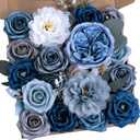 Dusty Blue Flowers Artificial Roses Combo Set Fake Royal Blue Silk Flowers Faux Peony Flowers Mix Dahlia with Stems for Wedding Bouquets Baby Bridal Shower Party Floral Arrangements Decor (The Modern Classic)