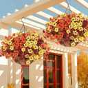 Geegoods 2 Set Artificial Hanging Basket Fall Flowers for Outdoor, Fake Faux UV Resistant Look Real Mixed Mums Plants for Autumn Porch Patio Balcony Yard Home Decor