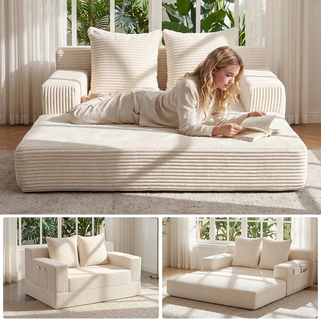Convertible Sofa Bed,Small Boneless Couch & Boneless Loveseat,Pull Out Couch Bed for Small Spaces,Premium Luxe Corduroy Folding Floor Futon Sleeper with Side Pocket & 2 Pillows,No Assembly Required, Lovseat