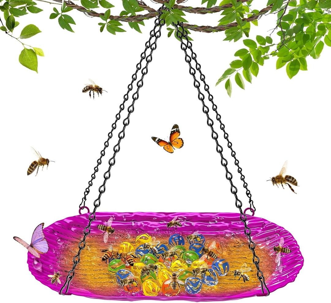 Bee Feeder Watering Station for Garden, Flower Bee Bath for Outside with Glass Balls, Butterfly Bath Bowl for Outdoor Courtyard Decoration (Rose Red)