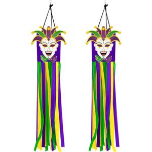 Geefuun 2PCS Mardi Gras Decor Windsocks Hanging Floating Face Wind Socks for Yard Garden Porch Patio Outdoor Decorations