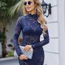 Avidlove Women Sexy Sheer Lace Bodycon Mini Dress Long Sleeve Mock Neck Cocktail Party Dresses See Through Lingerie Outfit (Blue, M)
