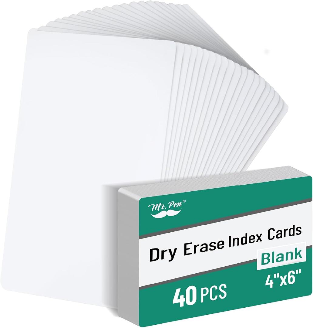 Mr. Pen- Dry Erase Index Cards, 4" x 6", 40 pcs, White, Large, Laminated on One Side, Whiteboard Cards for School, Work, Housework, Erasable Flashcards