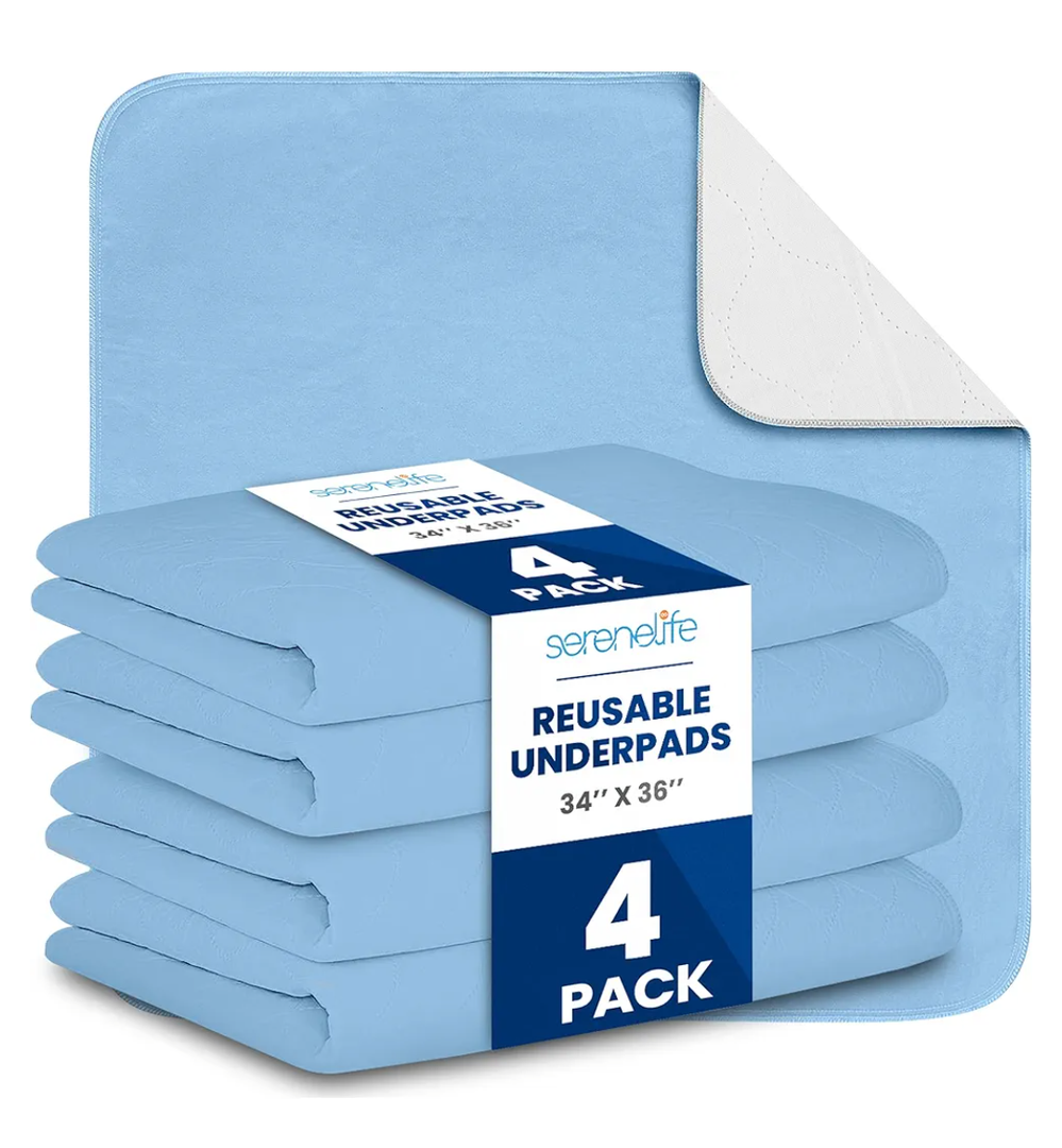 Serenelife Reusable Underpads 4-Pack Blue Incontinence Bed Pads 34 x 36 IN - For Adults, Kids & Pets - Super Absorbent & Leak-Resistant - Soft Top Layer For All Skin Types - Washable & Reusable - Blue