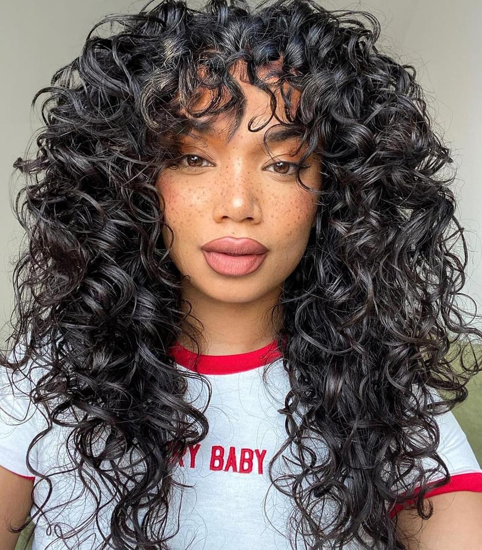 GKtineke-Curly-Wig Big-Curly-Wigs-for-White-Black-Women 20 Inch- Long-Curly-Afro-Wig-with-Bangs Synthetic-Hair-Replacement-Wigs-for- Cosplay and Daily (Natural Black)