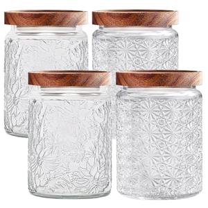 yoqelt Vintage Glass Jars with Wooden Lids, 4 Pack 24 oz Airtight Glass Food Storage Containers Sets for the Kitchen, Sugar Coffee Candy Spice Cookie Tea Pasta