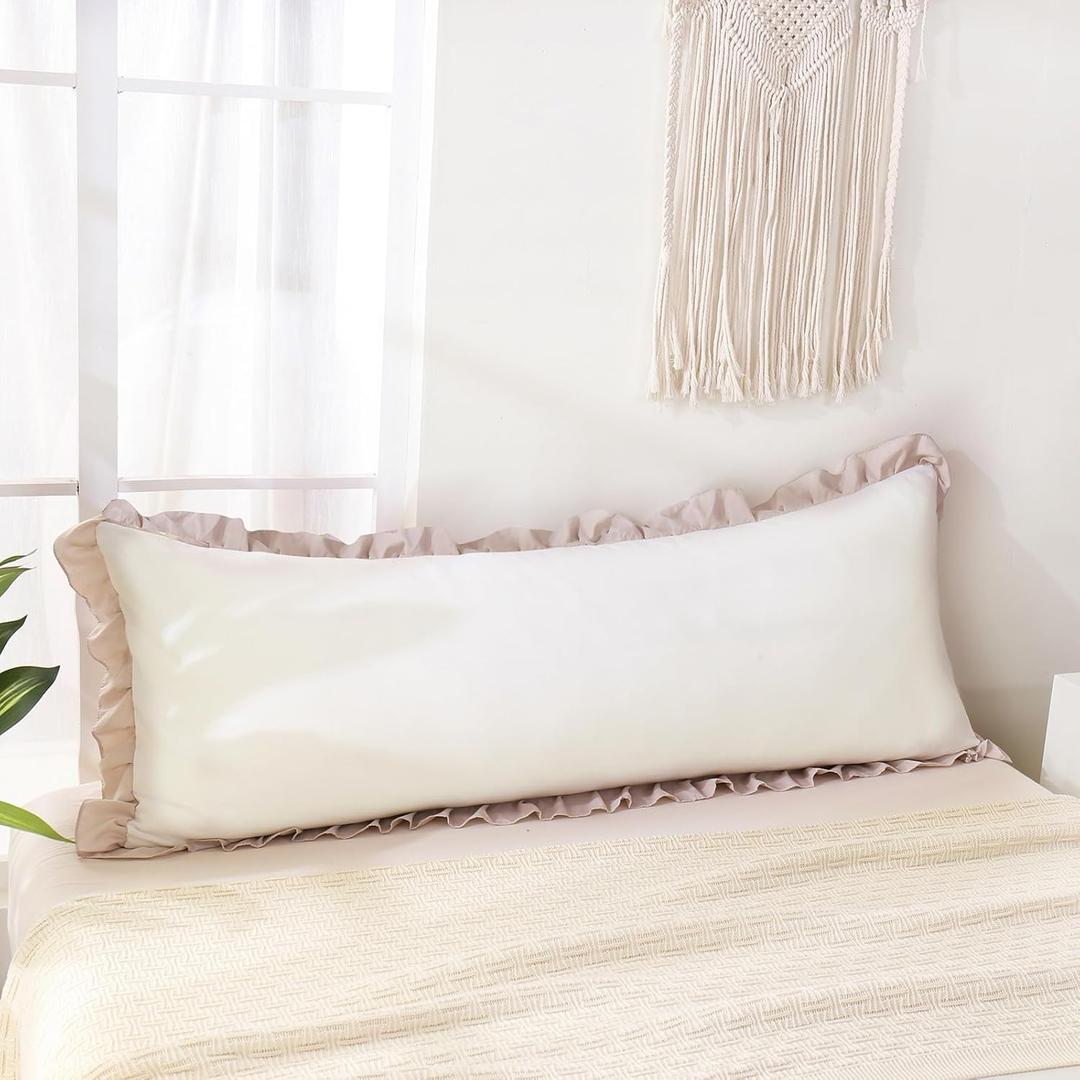 Merryword Beige Body Pillow Cover 20x54inches White and Beige Reversible Long Pillowcase Ruffled Body Pillowcases Cute Pillowcase Pillow Sham (1 Body, White Beige)