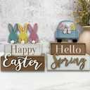 2 Pack Happy Easter Decorations for Home Bunny Truck Easter Decor Rustic Wooden Spring Rabbit Signs Farmhouse Tables Decorations Block Gifts Indoor Tiered Tray Kitchen Shelf Party
