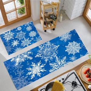 Royal Blue Kitchen Rugs, Hand-Painted Snowflakes Non Skid Washable Comfort Mats for Floor, Anti Fatigue Kitchen Cushioned Runner Rug Christmas Theme Decor Set of 2, 20"X30"+20"X59"