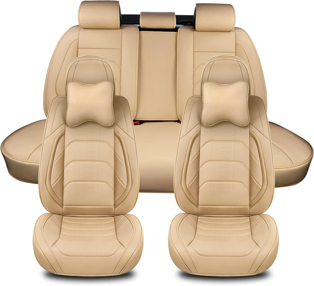 Beige Car Seat Covers Full Set, Breathable Leather Automotive Front and Rear Seat Covers & Headrest for Comfortable Driving, Compatible with Most Cars Sedans SUV Pickup Trucks (Front Pair&Rear, Faddish Beige)