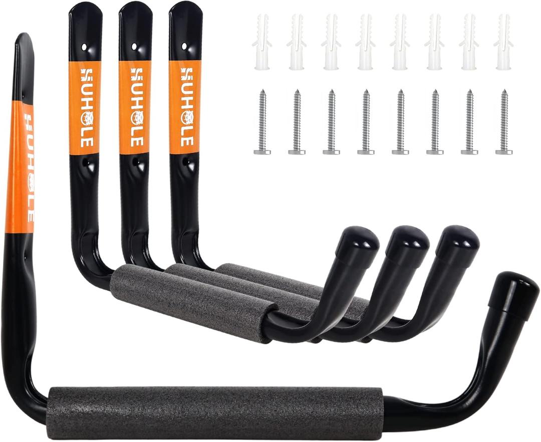HUHOLE 4 Pack Garage Storage Hooks Heavy Duty–13.6" Extra Large Jumbo Arm Wall Mount Hangers for Kayak, Ladder, Canoe, Snowboard & Folding Chairs–70lbs Capacity Utility Organizer Rack (Black)