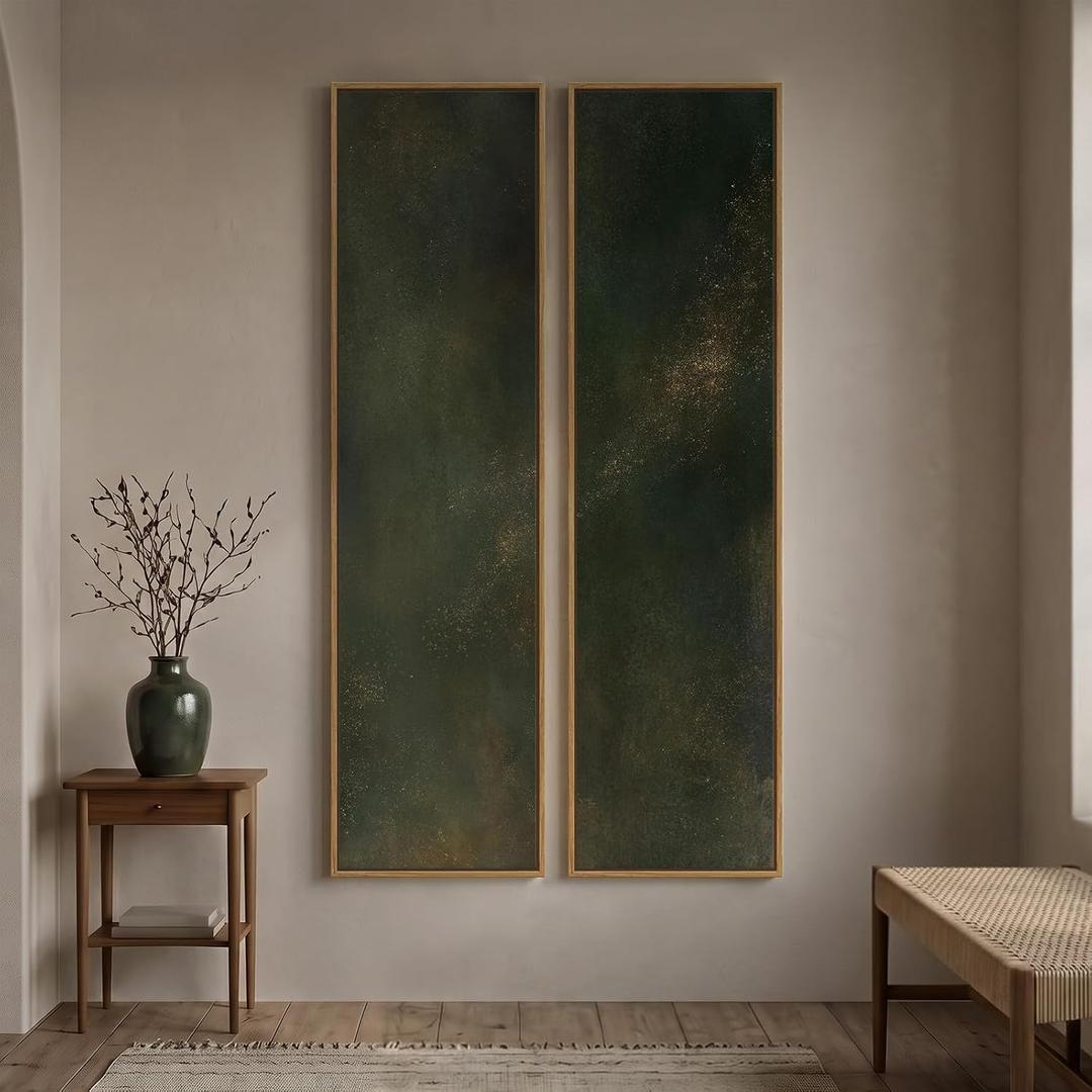Framed Abstract Wall Art Set, 2 Piece Vertical Dark Green Canvas Prints, 14"W x 57"H x 2Pcs
