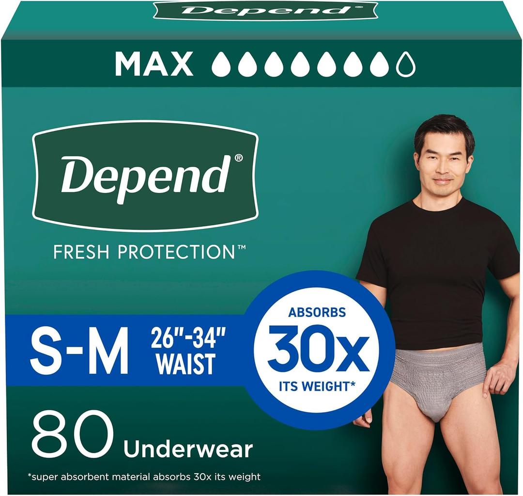 Depend Fresh Protection Adult Incontinence Underwear for Men, Disposable, Maximum, Small/Medium, Grey, 80 Count (2 Packs of 40), Packaging May Vary