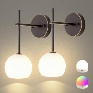 Brown Gold Battery Operated Wall Sconces Set of 2, Rechargeable Wireless Wall Lights with Milky White Frosted Glass, 12 RGB and 3CCT Dimmable, Wall Lamps with Remote for Bedroom Living Room Hallway