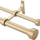 Heavy Duty Double Curtain Rods with Cylindrical Cap Finials - 36 to 72' Telescoping Rods, 1 Inch and 5/8 Inch Diameter, Light Gold