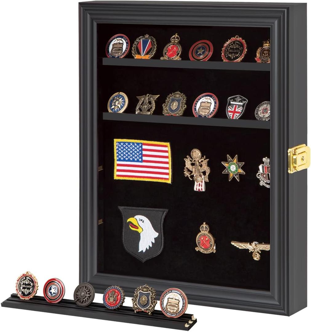 Verani Medals Display Case - Military Challenge Coin Display Shadow Box - Pin Display Cabinet with Removable Shelves and Pinnable Background for Badges Ribbons Insignia Buttons Small Black