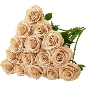 Carlita‘s Blooms 20Pcs Champagne Roses Artificial Flowers Artificial Silk Roses Bulk, Fake Roses Flower with Stems Realistic Flowers for Wedding Centerpiece Home Party Decor, Beige