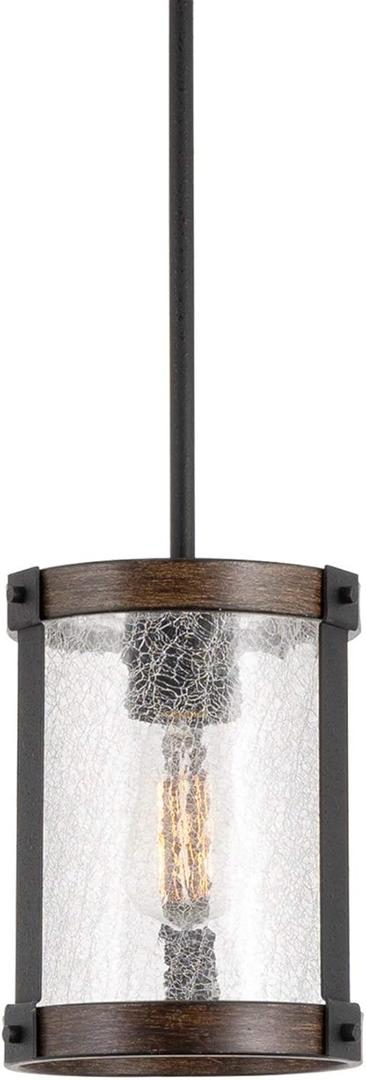 Kira Home Hadley 9" Modern Farmhouse Pendant Light, Crackled Glass Shade, Textured Black + Wood Finish Walnut Finish